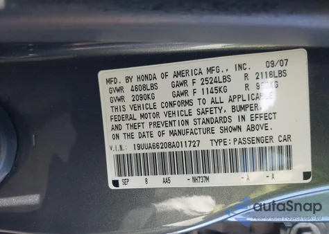 2008 Acura Tl 3.2 z USA, uszkodzony, nr VIN 19UUA66208A011727
